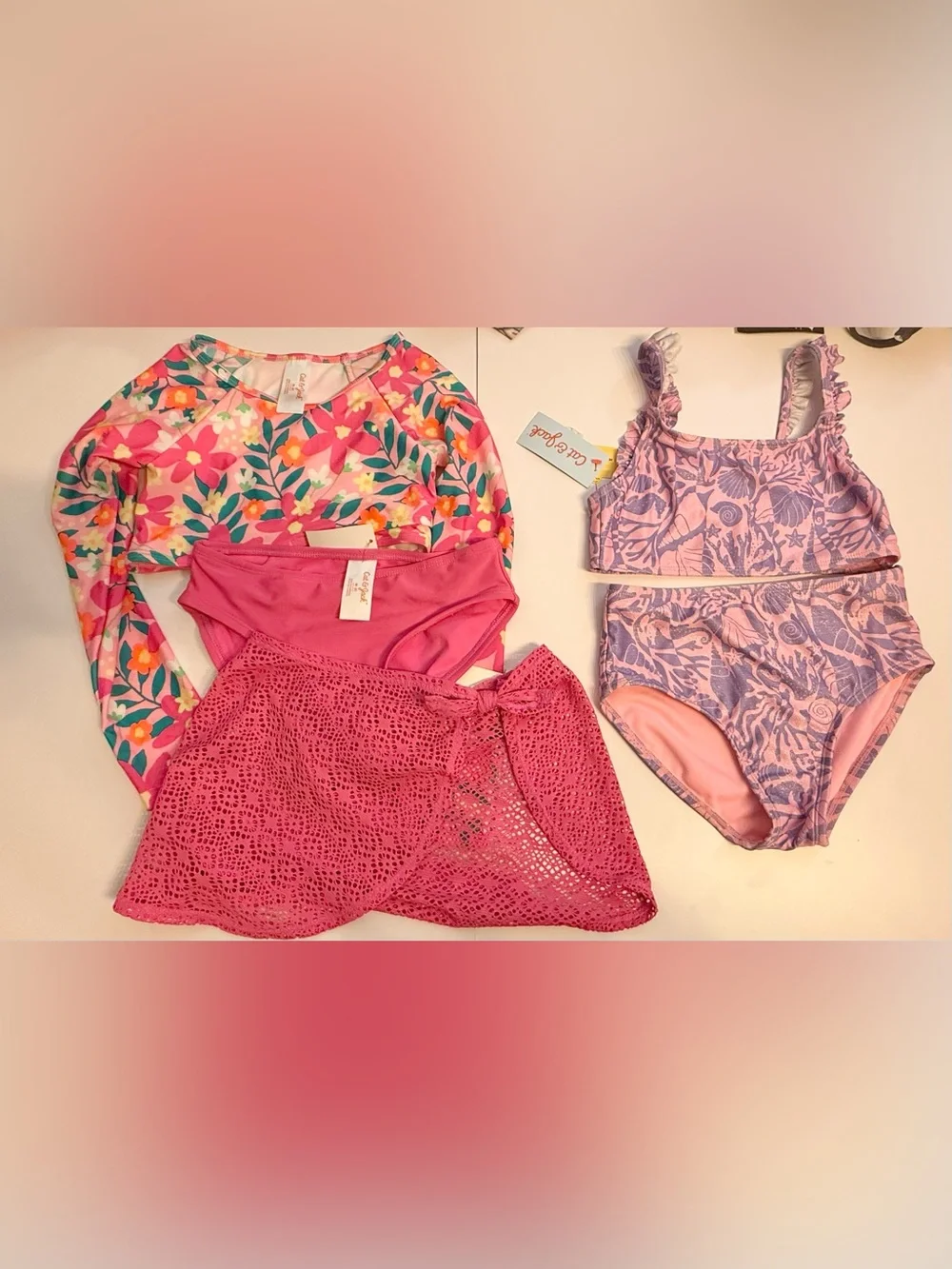 2)Cat & Jack Pink Floral Girls Swim Set with Cover-Up new
